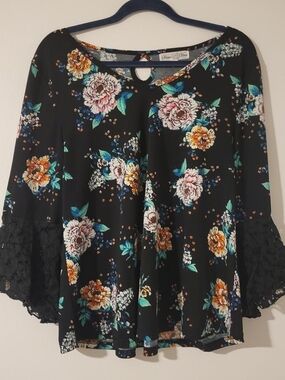 Floral Lace-Sleeve Women’s Top - Black with Multicolor Blooms